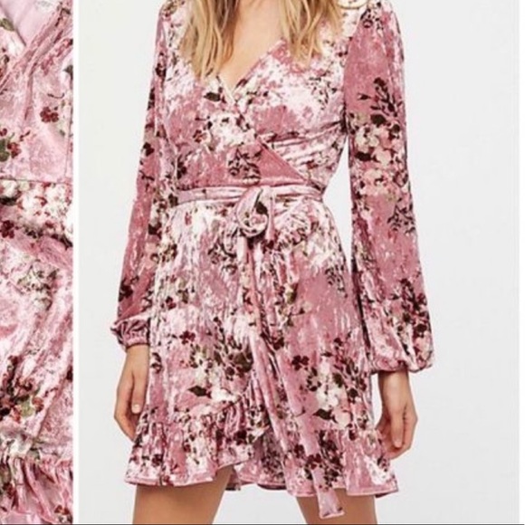 Free People Dresses & Skirts - Free People Crushed Velvet Pink Floral Wrap Dress Ruffle Hem Sz S